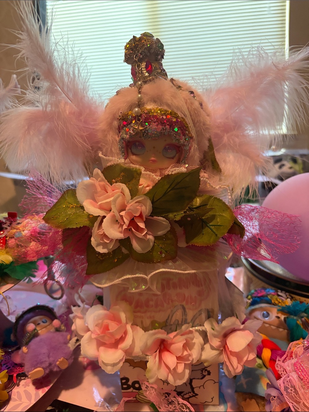 Handcrafted Pink Floral Angel Figurine Centerpiece